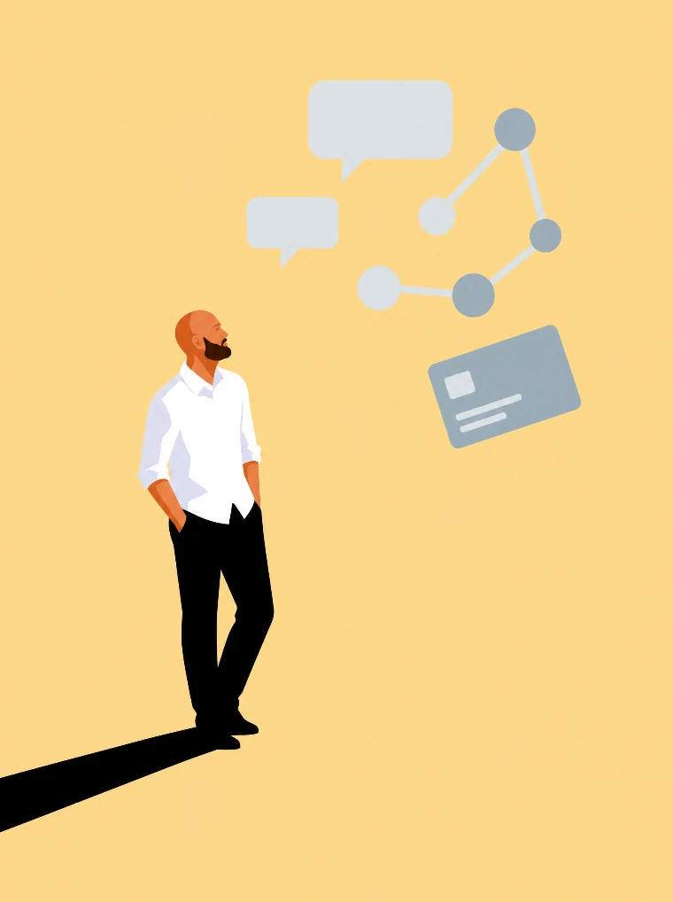 Flat vector illustration of Max studying a floating composition of chat bubbles, a neural-network node graph and a bank card.
