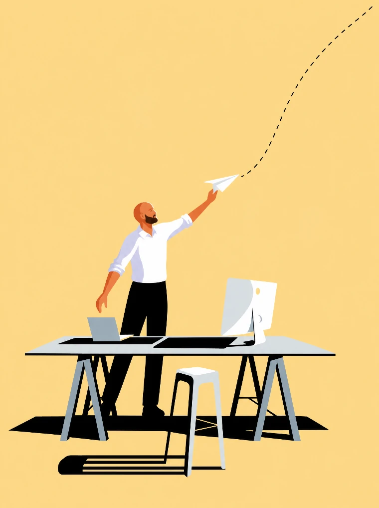 Flat vector illustration of Max launching a white paper plane, its dotted flight path curving up across the sky.