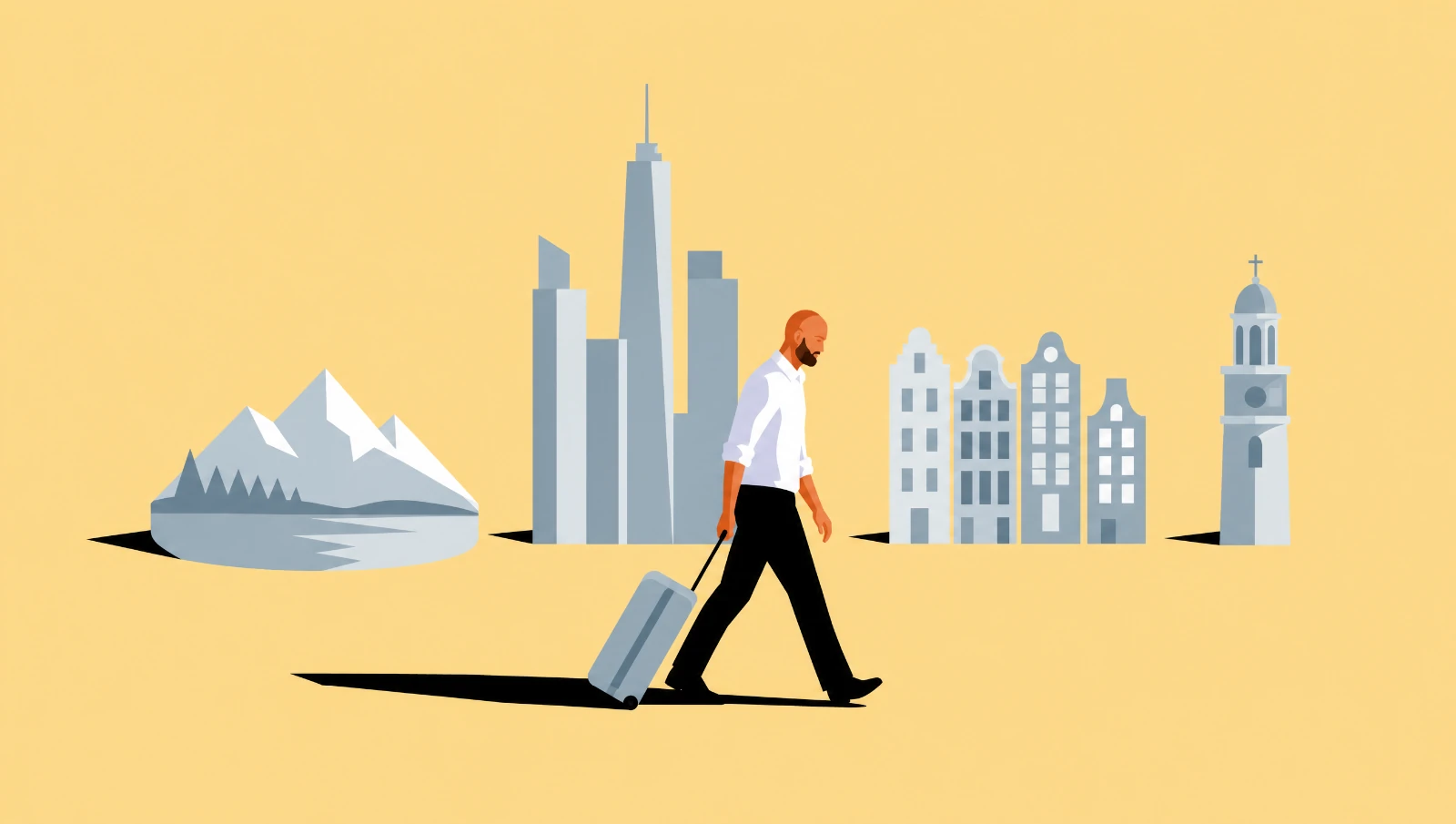 Flat vector illustration of Max walking left to right with a suitcase past four skyline silhouettes: Lugano, Frankfurt, Amsterdam and an Italian bell tower.