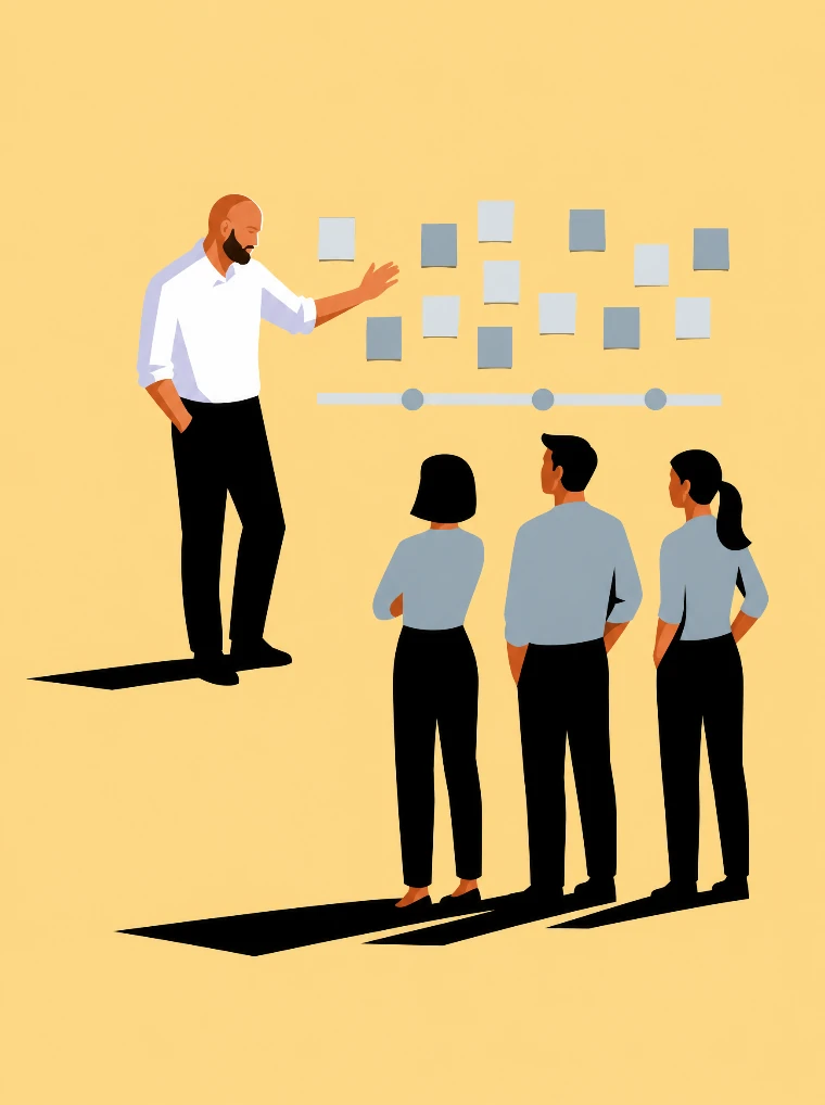 Flat vector illustration of Max at a wall of sticky notes and a simple roadmap, gesturing to three smaller teammate silhouettes.