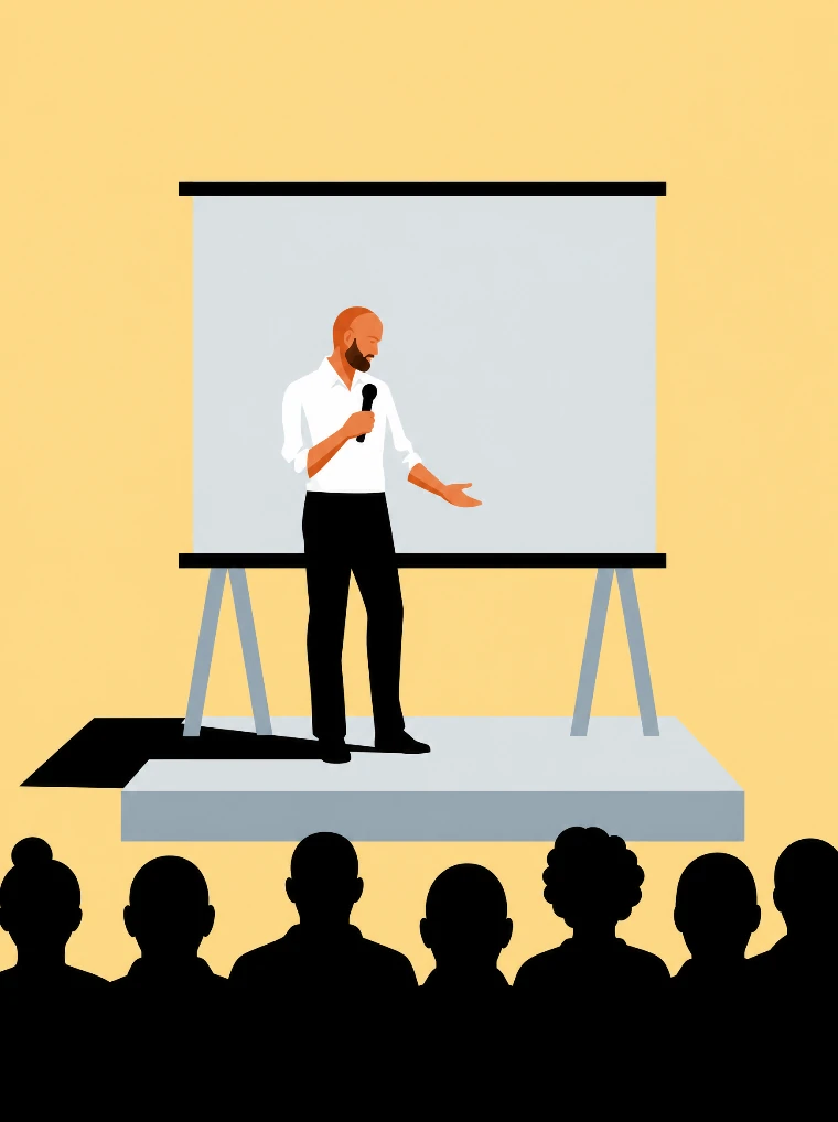 Flat vector illustration of Max mid-talk on a small stage with a microphone and a large blank presentation screen behind him.