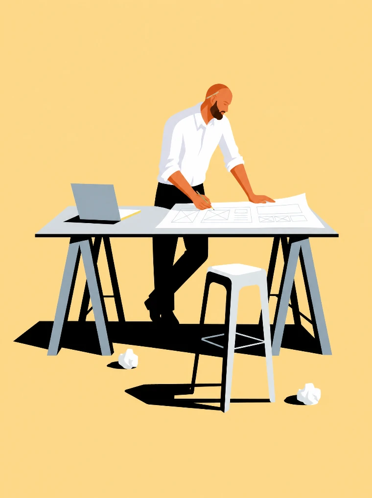 Flat vector illustration of Max sketching wireframes on paper at a trestle desk, crumpled paper balls on the floor, a pencil behind his ear.