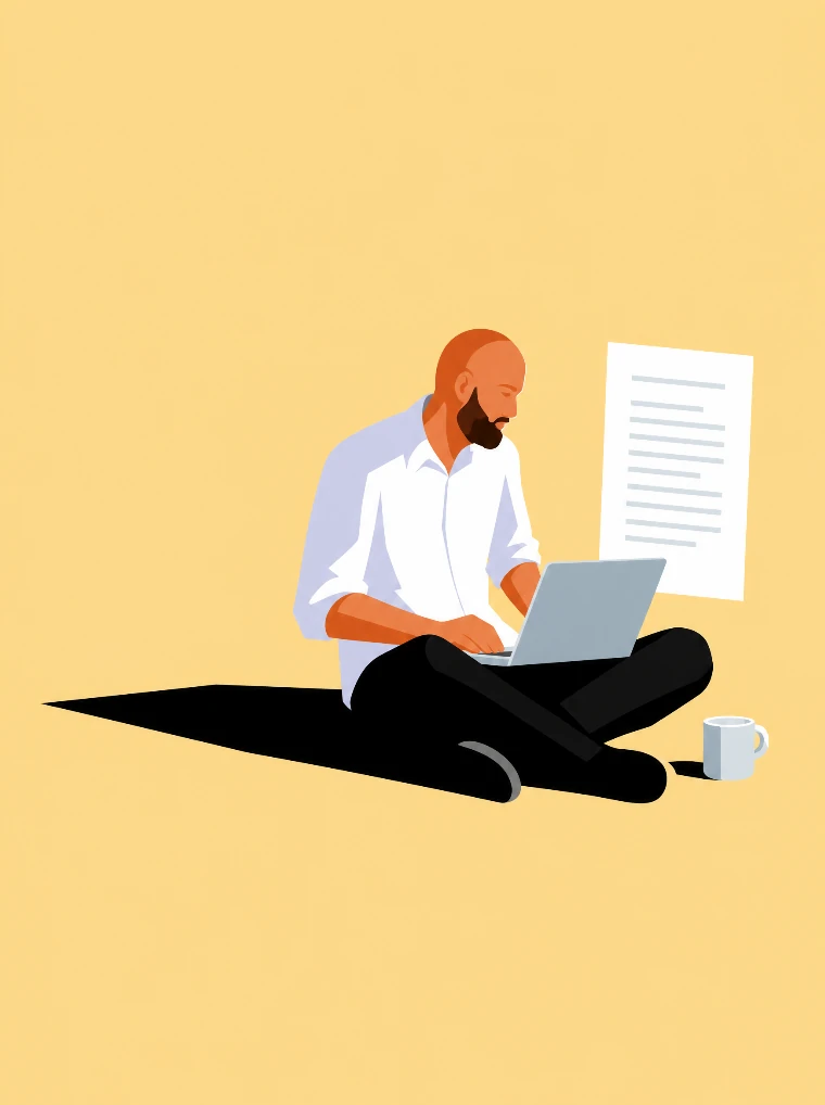Flat vector illustration of Max sitting with a laptop on his knees and a coffee cup on the floor, a large sheet of typed text floating behind him.